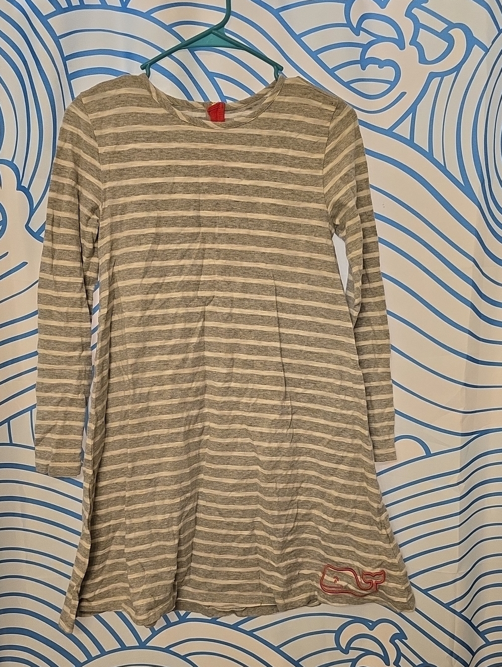 Vineyard Vines Gray and White Striped Long-Sleeve Dress with Pink Whale Detail